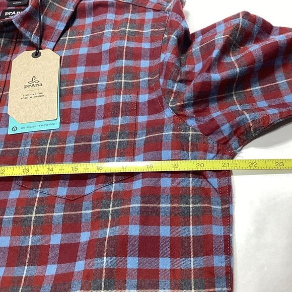Prana Los Feliz Flannel Shirt Mens S Slim Fit Red Blue Plaid Rhubarb NWT - Picture 12 of 12